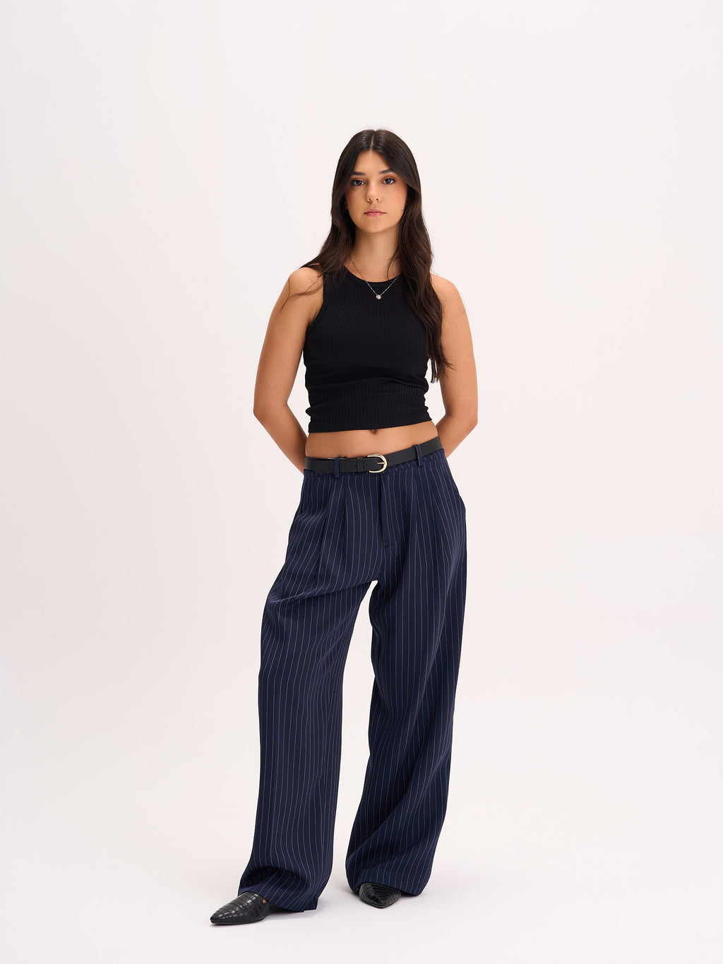 Navy Pinstripe Wide-Leg Trousers