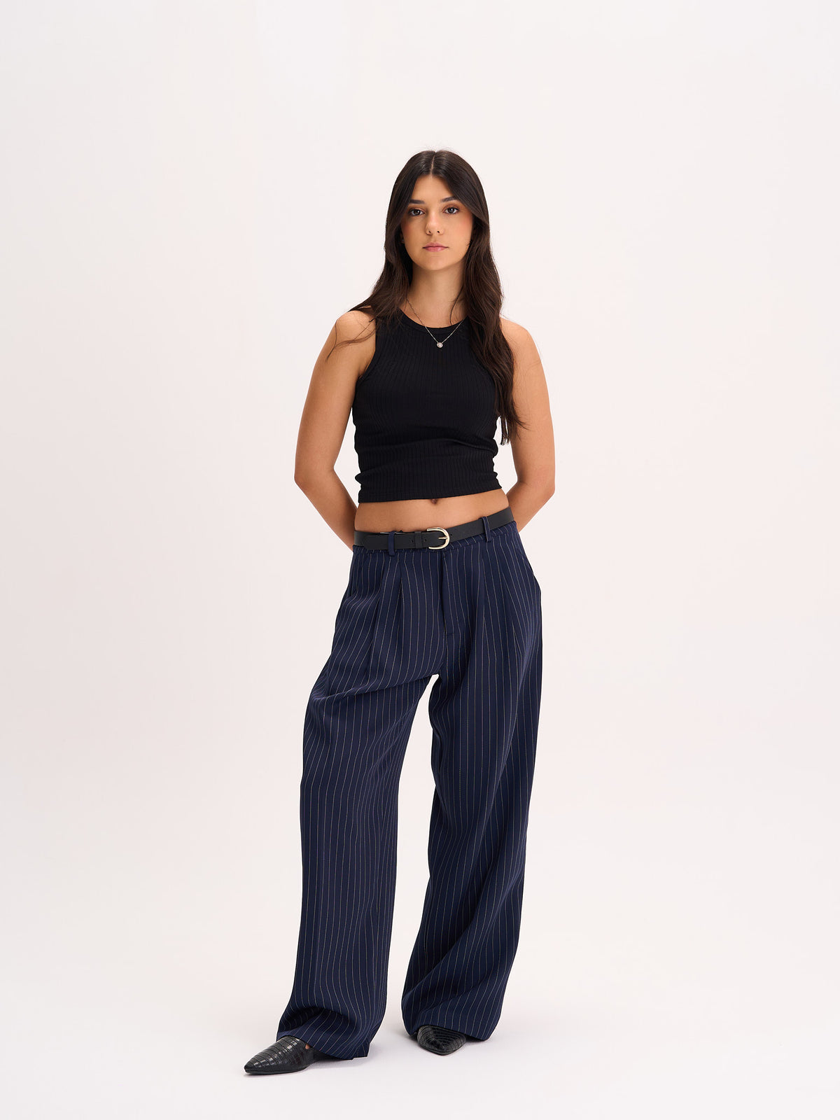 Navy Pinstripe Wide-Leg Trousers