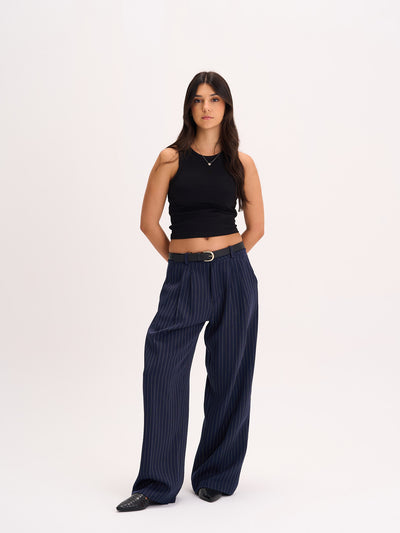 Navy Pinstripe Wide-Leg Trousers