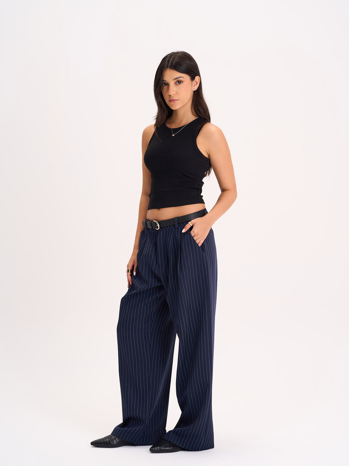 Navy Pinstripe Wide-Leg Trousers