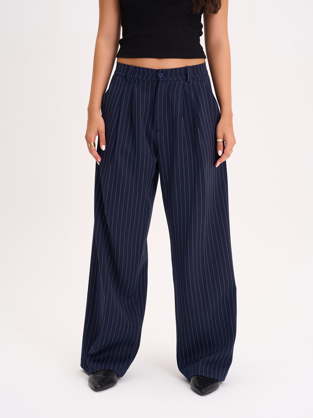 Navy Pinstripe Wide-Leg Trousers