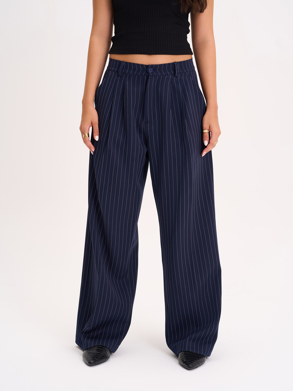 Navy Pinstripe Wide-Leg Trousers